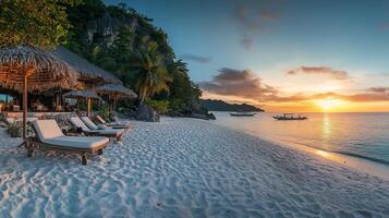 Serene beach resort at sunset with thatched umbrellas, inviting lounge chairs on white sand, and boats on calm water. photo
