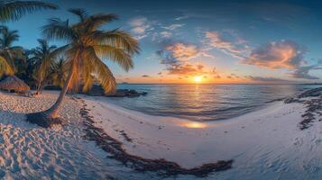 Tropical sunset view from sandy beach with palm trees and clear ocean water reflecting golden sunlight on vacation destination. photo