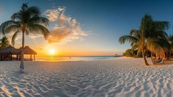 Tropical beach paradise at sunset with palm trees and soft sand, serene ocean backdrop. Tranquil, idyllic vacation escape. photo
