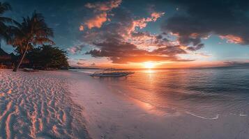 Beach sunset with vibrant colors and peaceful vibes. Boat resting on shore with the calm waves lapping at the sandy beach. photo