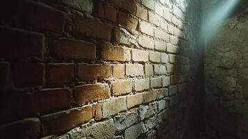 Illuminated brick wall corner with natural light creating shadows and textures. A gritty and textural surface. Architecture detail. photo