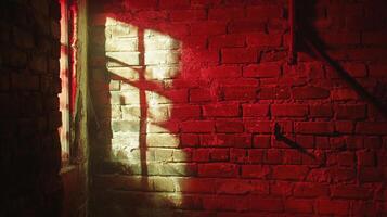 Illuminated brick wall with shadow lines, capturing a sense of enclosed space and architectural texture in bold lighting. photo