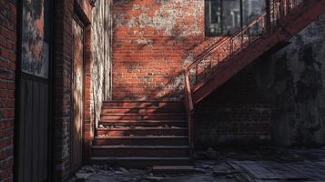 Urban decay showcases a building exterior with aged brick walls and weathered steps, creating a striking visual testament to time's passage. photo