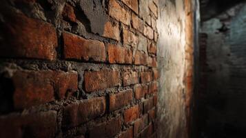A weathered brick wall with visible mortar, showcasing texture and age, beside a stained and partially lit wall, evokes a sense of decay. photo