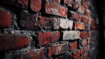 Old, weathered brick wall showing signs of wear, creates a textured background with varying hues of red, white, and gray mortar. photo