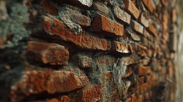 Textured brick wall shows weathered charm. A vintage, artistic pattern with warm hues and cool mortar is visually appealing. photo