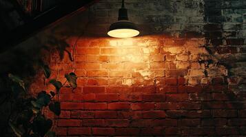 Illuminated brick wall with plant accents, creating a warm, inviting atmosphere with a rustic charm. Indoor setting with vintage vibes photo