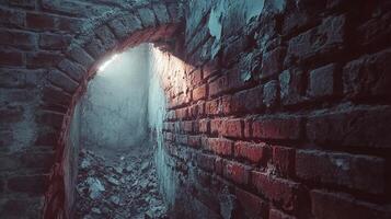 An arched entryway into a dark, crumbling brick structure, illuminated by a distant light source casting shadows and a sense of mystery. photo