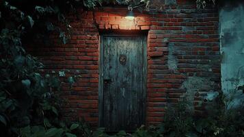 Weathered door nestled in a brick wall under a dim light, creating an intriguing and rustic scene with surrounding vegetation. photo