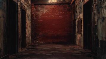 Eerie corridor featuring an aged brick wall with visible wear and tear, and doorways, creating an unsettling and mysterious atmosphere. photo