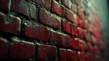 Close-up of a weathered brick wall, showcasing textures and aged details in a dark, moody setting, capturing urban decay. photo