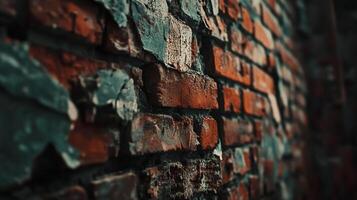 Weathered brick wall reveals layers of age and texture, showcasing architectural decay and intriguing contrasts of color and form. photo