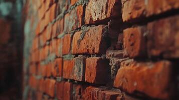 Close-up of a weathered brick wall. The texture and aging process are visible, creating a sense of history and rustic charm. photo