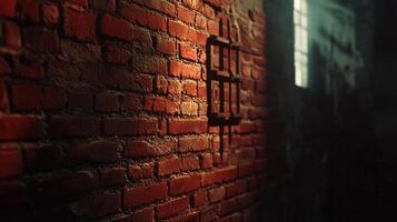 Distressed red brick wall with rusted barred window showing light in a dark corridor creates a moody and textured scene for urban backdrop. photo