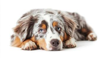 A striking portrait of a dog with captivating blue eyes and a distinctive coat, lying down and looking directly at the viewer. photo