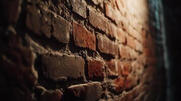 Textured brick wall with rough mortar, lit with bright light on the right side. Dark shadows add depth to the weathered surface. photo
