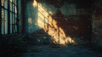 Sunlight streams through a broken window, illuminating a weathered brick wall in an abandoned interior, hinting at a forgotten past. photo