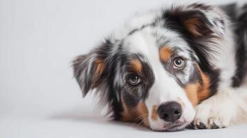 A beautiful, tri-colored Australian Shepherd puppy with captivating eyes rests against a clean, white background, creating a serene portrait. photo