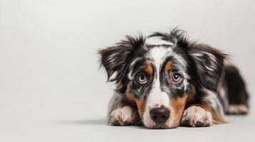 Adorable dog rests head on paws, gazing intently at the viewer. A sweet and expressive face, framed by distinctive coloring and pattern. photo