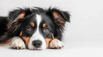 Dog portrait with striking brown eyes,resting its head on paws against a plain light background. A sweet, adorable, and endearing expression. photo