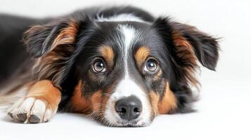 Close up of a dog's face resting on a white surface, showing its endearing, soulful eyes and expressive facial features. photo