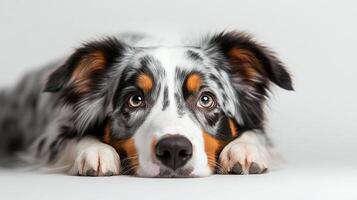 Portrait of a lovely multicolored dog with piercing eyes resting calmly, gazing up with a hopeful, sweet expression. photo