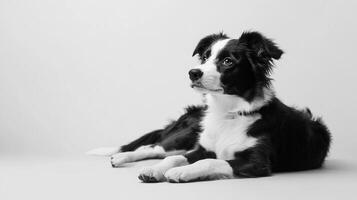 A black and white dog attentively gazes into the distance, lying calmly on a plain background, exuding a sense of peaceful observation. photo