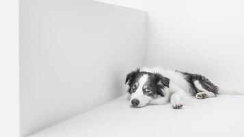 Black and white dog lounges against a crisp white wall. Minimalist canine portrait with focus on texture, light, and monochromatic aesthetic. photo
