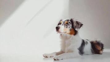 A mesmerizing dog is lying down, its fur a beautiful mix of colors, set against a clean background, in a light-filled studio setting. photo