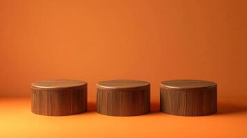 Three round wooden product displays in a minimalist style, set against a warm orange backdrop to highlight merchandise presentation. photo