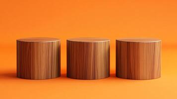 Three minimalist wooden cylinder pedestals stand in a row against a vibrant orange backdrop, offering a simple and elegant display platform. photo