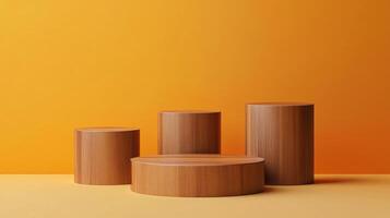 Wooden cylindrical platforms against an orange background. Minimalist product display for showcasing merchandise in an elegant way. photo