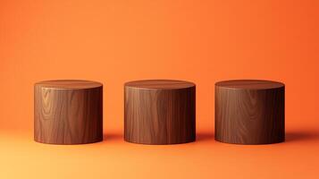Three wooden cylindrical pedestals on a gradient orange backdrop, perfect for showcasing products or adding a touch of minimalist style. photo