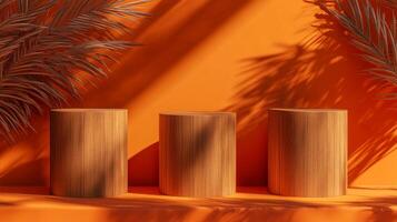 Three wooden pedestals in sunlight, palm fronds casting shadows on an orange background. Perfect for product presentation or display. photo