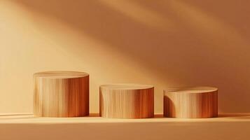Three wooden display pedestals in a descending row under a warm sunlight, creating a minimalist, aesthetically pleasing display. photo