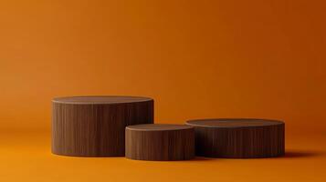Three wooden cylindrical podiums, showcasing various heights against a seamless orange backdrop, ideal for product display and minimalist design. photo