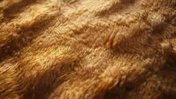 An abstract close up shot of a piece of yellow-brown fur. The soft material is illuminated by sunlight, showing its texture and depth. photo