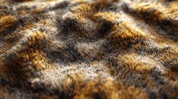 Close up of warm brown and black faux fur fabric with a soft, textured appearance and subtle shadowing to show depth. photo