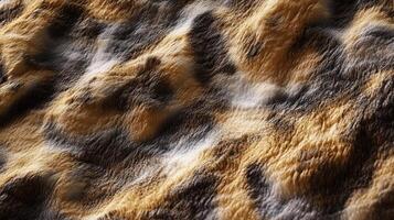 Close up of a textured surface with brown, tan, white, and black colors, creating a soft and fuzzy abstract pattern with depth and shadows. photo