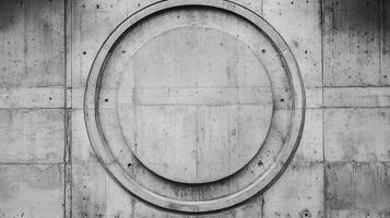 Monochromatic concrete wall with geometric circle design featuring minimalist textures and a symmetrical pattern on a textured backdrop. photo