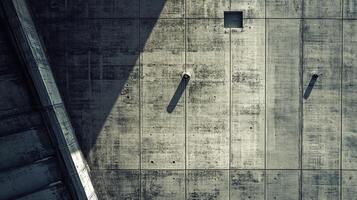 Angular concrete wall with a dark shadow cascading down near a staircase, creating an abstract and geometric composition. photo