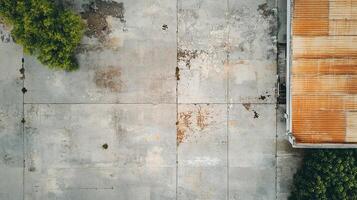Aerial shot showing a building's weathered roof next to a concrete surface with cracks and trees along the periphery. photo