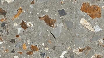 Textured gray surface with embedded multicolored stones offering a rustic and visually diverse appearance. Aesthetic, surface. photo
