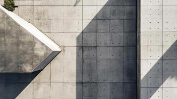 Concrete architecture detail highlighting geometric shapes, textures, shadows, and a touch of greenery from an aerial perspective. photo