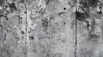 Aged concrete wall displays textures of wear, decay, and rough surfaces, enhanced by white paint flecks and dark stains on a gray background. photo