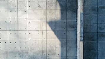 Concrete wall with modular panels in varying shades, punctuated by small holes. Sunlight casts a sharp shadow on a portion of the wall. photo
