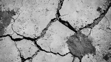 Cracked pavement surface showing wear and age with a high contrast monochrome image. The texture and depth create a sense of deterioration. photo