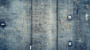 Aerial view of a weathered concrete surface with rectangular patterns, yellow lines, and small metal structures, exhibiting a grunge texture. photo