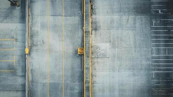 Aerial view of concrete surfaces with yellow lines delineating lanes and parking, providing a modern, industrial abstract aesthetic. photo