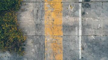 Weathered concrete surface displays lines of yellow and white paint. A side is adorned with plants, adding nature to the urban setting. photo